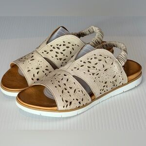 BIZA Emerald Laser Cut Leather Slingback Sandals EU 38 US 7.5 Tan Beige